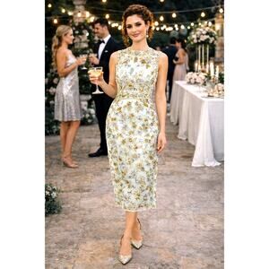 Mac Duggal Embellished High Neck Sleeveless Sheath Midi Dress Sage 14